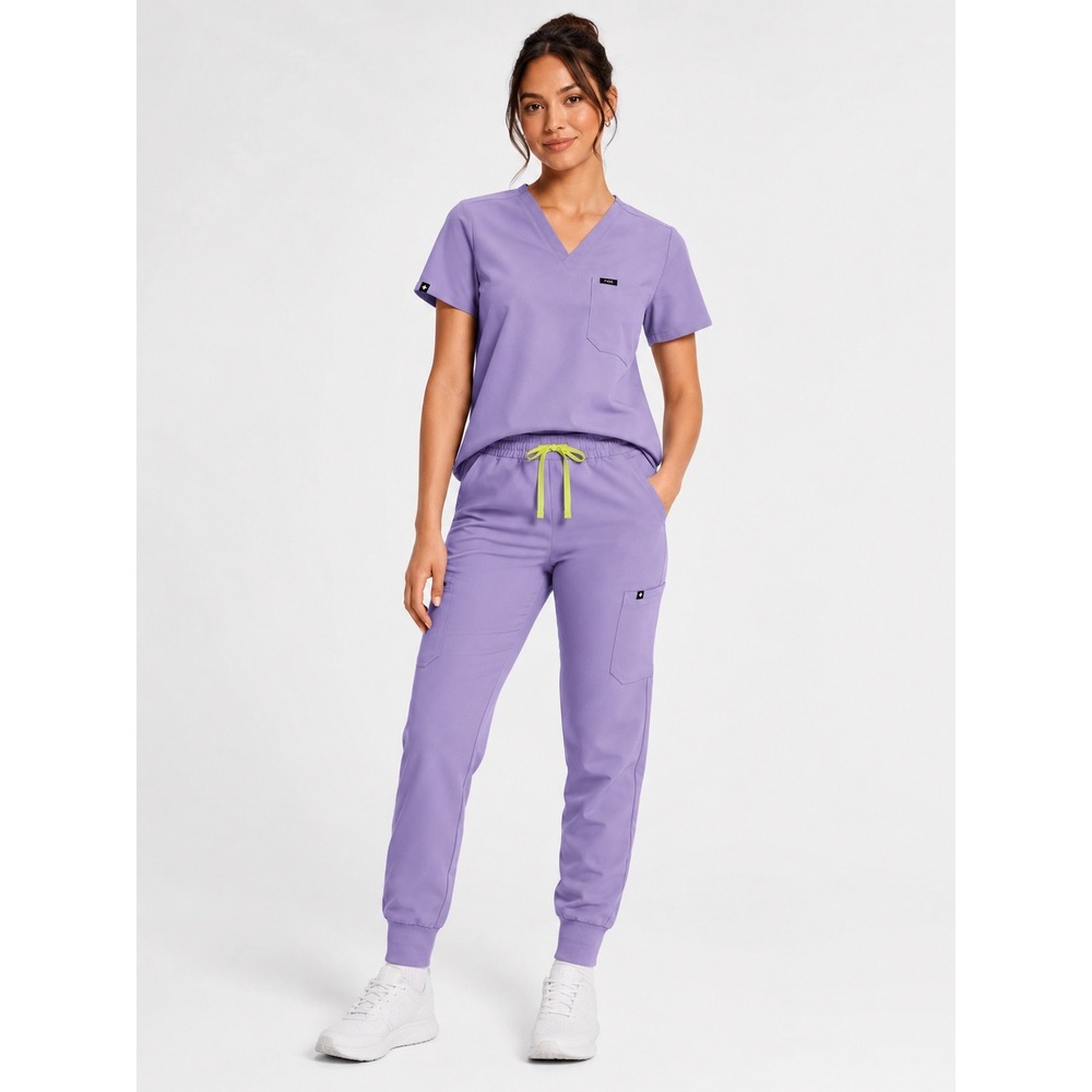 FIGS Purple Scrub Set  Catarina  V-Neck Top Zamora  Jogger Pants Neon Drawstring